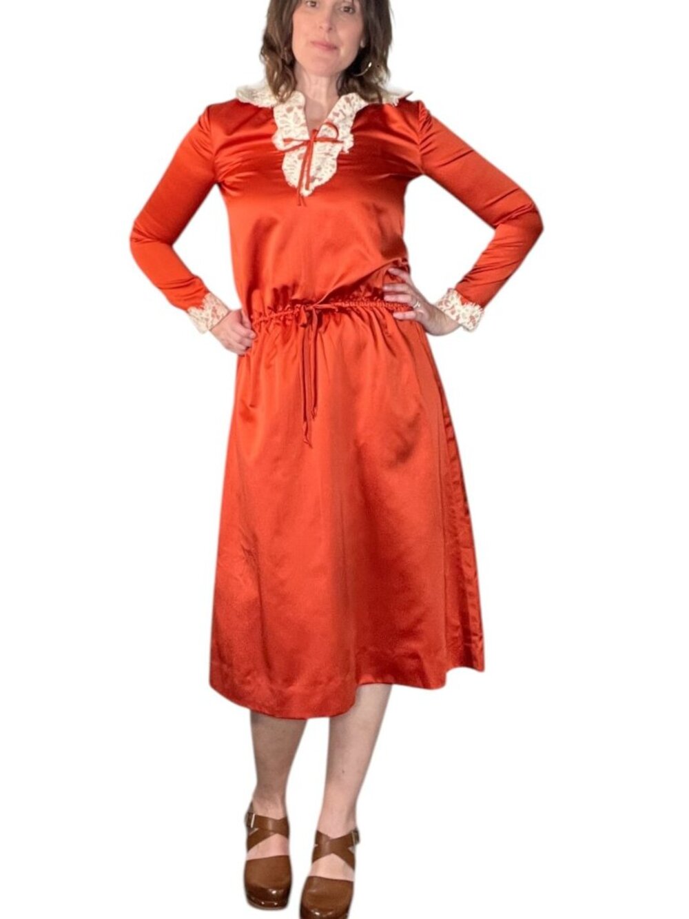 Vintage 1970s Satin Midi Dress OOAK Handmade Orange Lace Collar and cuffs medium